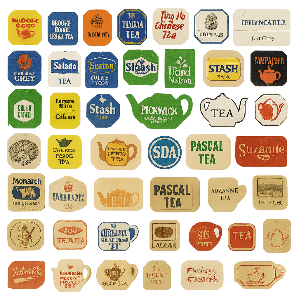 Vintage tea bag tags in various shapes and designs for branded packaging
