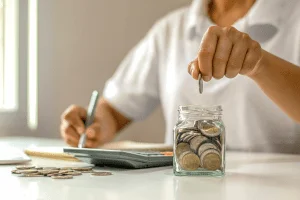 Person calculating finances while saving coins in a jar, symbolizing cost-saving packaging solutions.