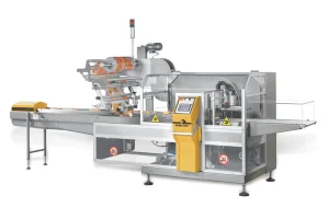 Automated tea bag packaging machine using laminated paper roll stock for efficient sealing and branding.