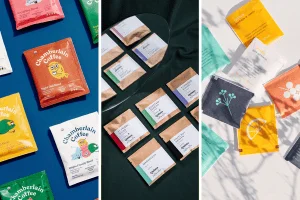 Assorted custom sachet packaging for coffee and tea displayed in three styles with colorful, eco-friendly designs.