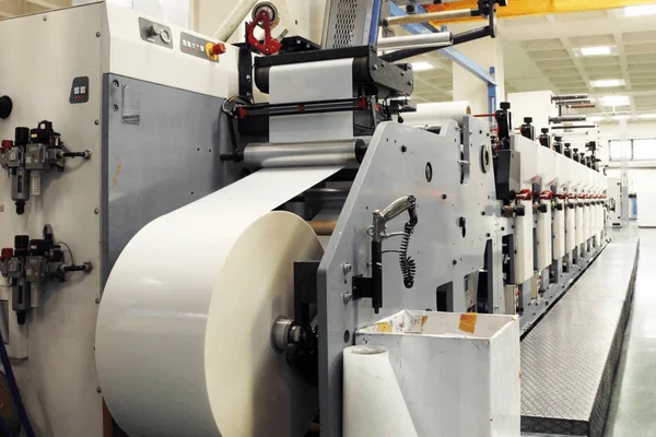 High-precision printing press at XLD Packaging equipped with an automatic tension controller for consistent roll stock printing quality.
