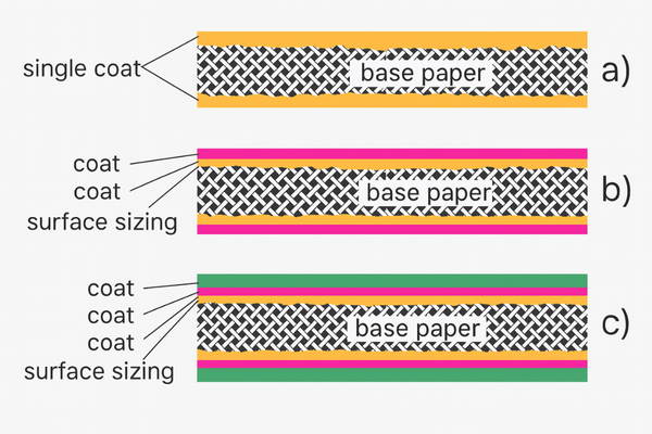 Diagram showing single and multi-layer coating structures on base paper, illustrating custom coating processes for enhanced barrier and printability.