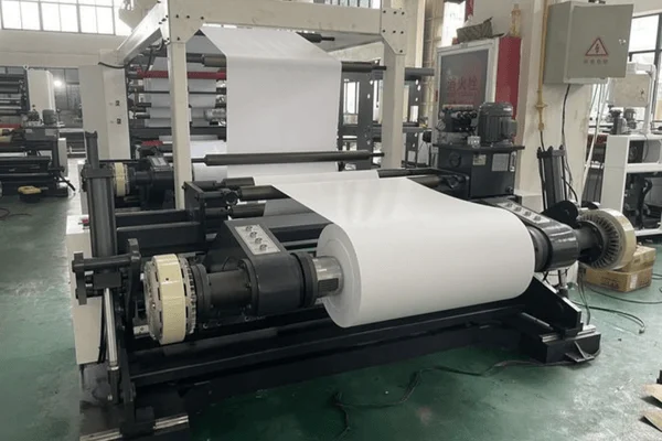 Roll stock slitting machine cutting large laminated paper rolls according to customer specifications in a Chinese packaging factory.
