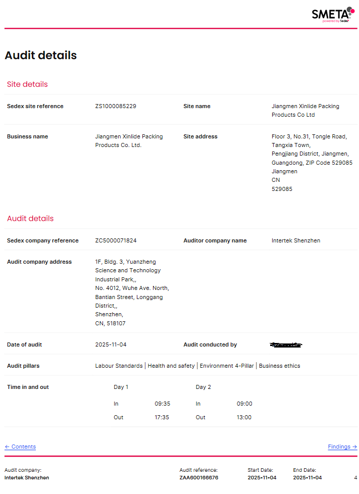 SMETA audit detail page showing XLD’s site information, audit scope, audit company, audit pillars, and official audit timeline.
