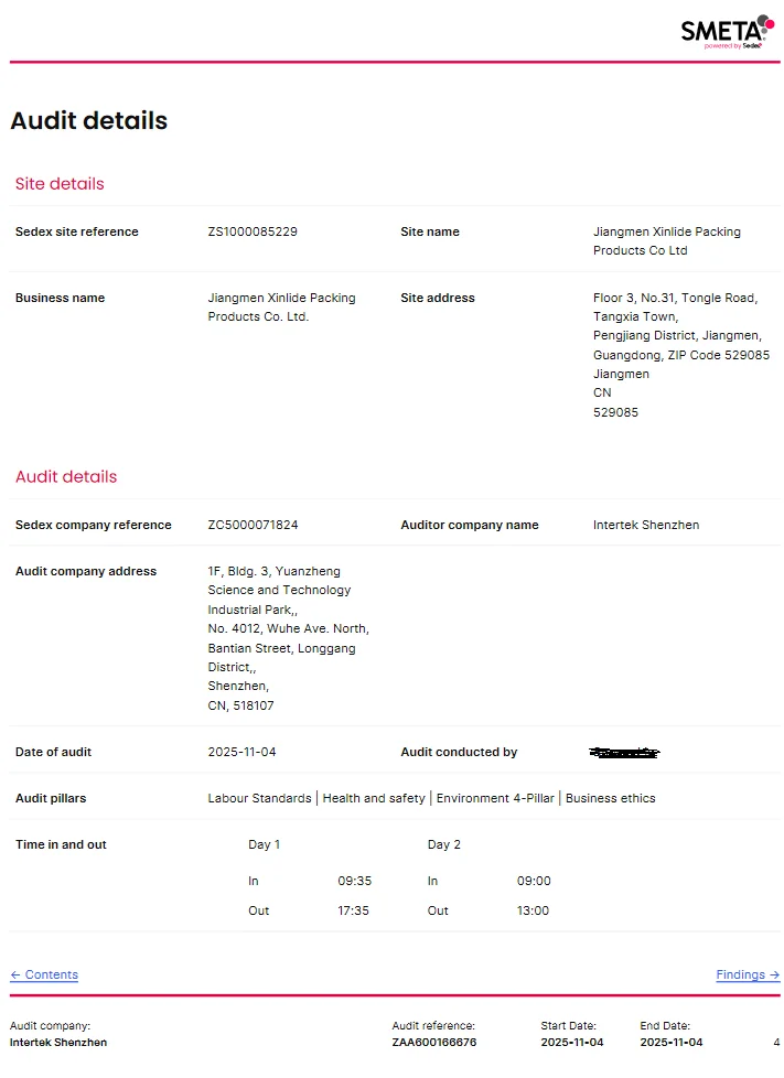 SMETA audit detail page showing XLD’s site information, audit scope, audit company, audit pillars, and official audit timeline.