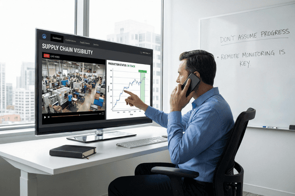 A buyer remotely monitoring production progress from a supplier in China via video call and live factory feed, ensuring supply chain visibility and on-time delivery.
