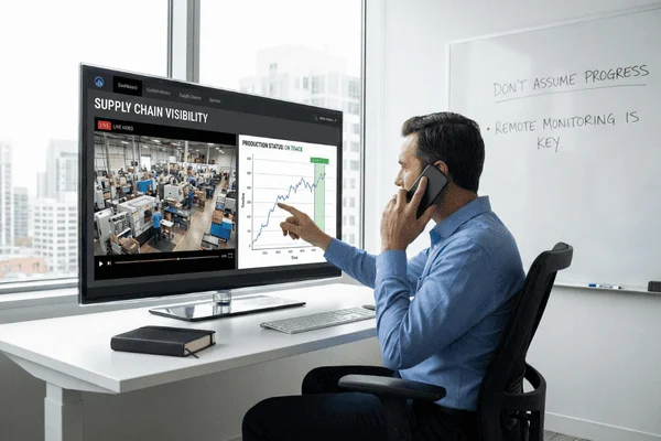 A buyer remotely monitoring production progress from a supplier in China via video call and live factory feed, ensuring supply chain visibility and on-time delivery.