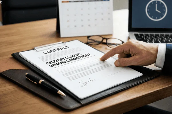 A businessperson reviewing a contract delivery clause on a signed agreement, highlighting the importance of binding commitments when buying packaging from China.