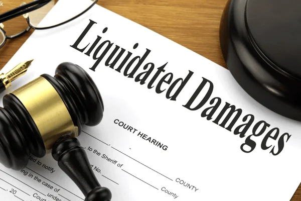 A legal document titled “Liquidated Damages” with a judge’s gavel, symbolizing penalty clauses that protect buyers’ timelines and financial interests when sourcing packaging from China.