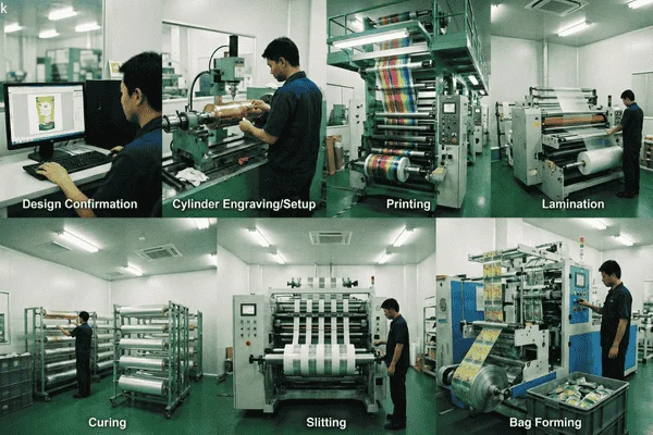 A step-by-step visual overview of the flexible packaging production process in a Chinese factory, including design confirmation, cylinder engraving, printing, lamination, curing, slitting, and bag forming.