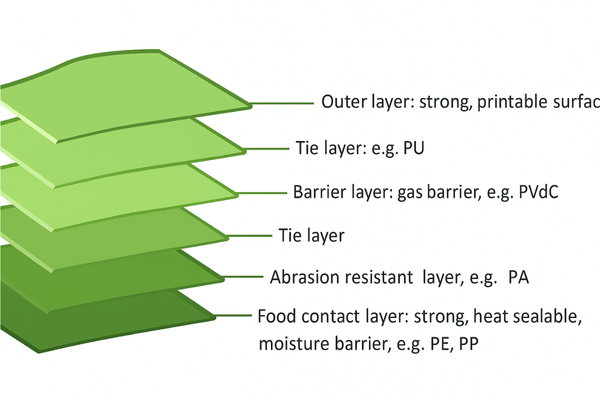 Diagram showing multilayer flexible packaging film structure with outer, barrier, tie, and food contact layers bonded together using PU adhesive.