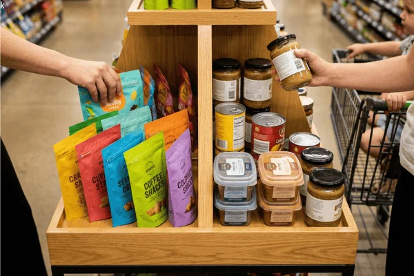 Shoppers comparing colorful flexible pouches and rigid jars on a retail shelf, showing how packaging design and format influence consumer purchasing decisions.