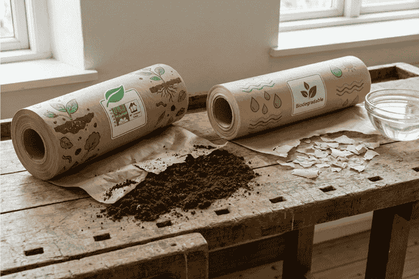 The two rolls of paper film were labeled as biodegradable and compostable, respectively, and the different external environments showed differences in the material decomposition.