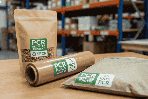 Flexible packaging pouches and roll stock made with PCR recycled content, labeled 100% PCR, used for sustainable food and consumer goods packaging.