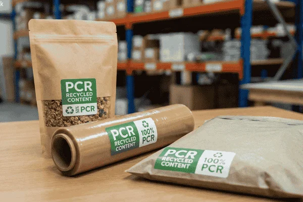 Flexible packaging pouches and roll stock made with PCR recycled content, labeled 100% PCR, used for sustainable food and consumer goods packaging.