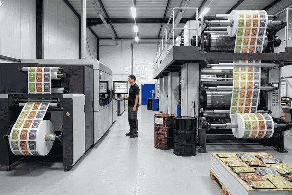 Digital printing press and gravure printing press operating side by side in a packaging factory, showing different printing methods suited for different production volumes.