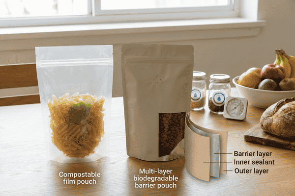 Comparison of a compostable film pouch and a multi-layer biodegradable barrier pouch, including a cutaway showing outer, inner sealant, and barrier layers.