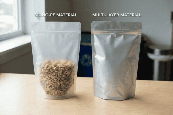Mono-PE stand-up pouch compared with a multi-layer laminated pouch showing material differences for sustainable packaging choices.