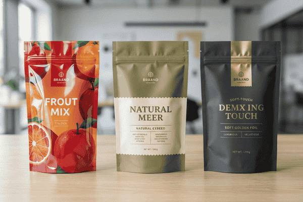 Stand up pouches with different finishes including gloss, matte, and soft-touch, comparing how packaging surface affects brand perception and shelf appeal.