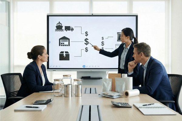 Business team analyzing total landed costs on a screen, comparing shipping, warehousing, and material expenses for different packaging types.