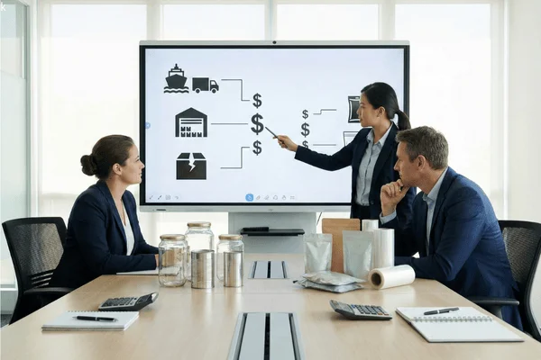 Business team analyzing total landed costs on a screen, comparing shipping, warehousing, and material expenses for different packaging types.