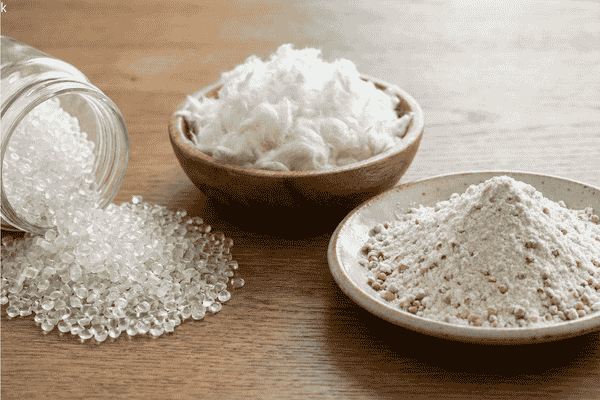 Biodegradable raw materials including PLA pellets, cellulose fibers, and starch powder blends displayed on a wooden table for sustainable packaging applications.