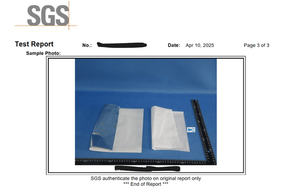 SGS food packaging test report page showing certified sample pouches and measurement tools
