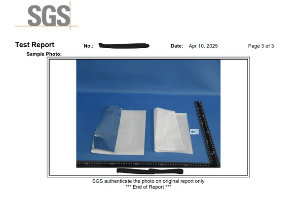 SGS food packaging test report page showing certified sample pouches and measurement tools