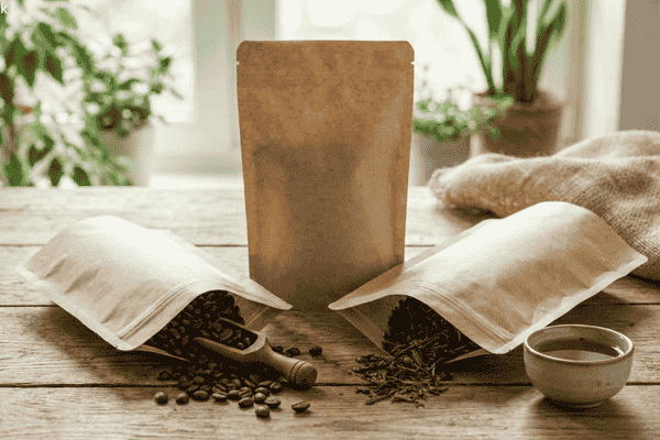 Biodegradable paper-based food packaging pouches used for coffee beans and tea leaves, highlighting eco-friendly and sustainable packaging solutions.