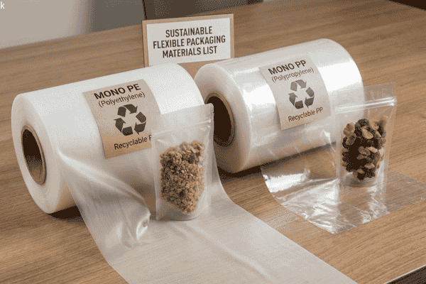 Side-by-side comparison of mono PE and mono PP recyclable flexible packaging films, showing transparent roll stock and sample pouches for sustainable packaging.