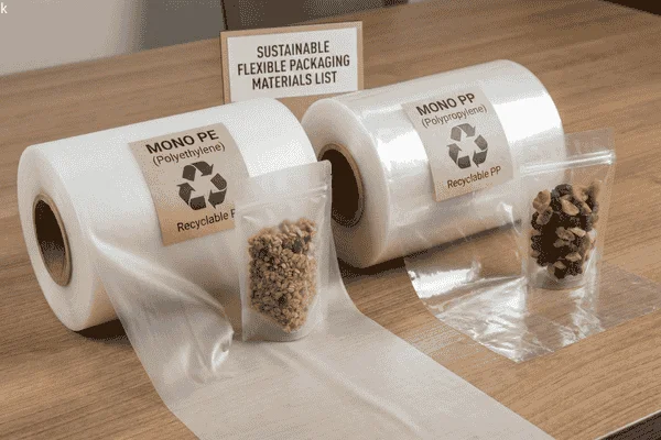 Side-by-side comparison of mono PE and mono PP recyclable flexible packaging films, showing transparent roll stock and sample pouches for sustainable packaging.