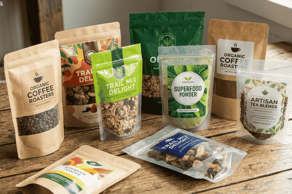 Various custom printed stand up pouches for coffee, trail mix, superfood powder, and tea, showing different materials, sizes, and design styles for branded packaging.