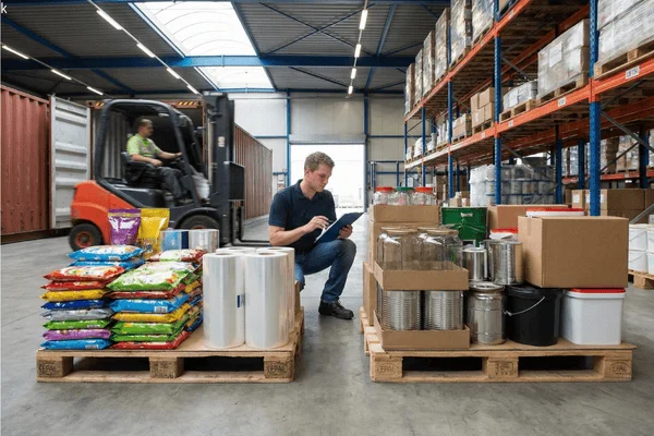 A warehouse worker comparing flexible packaging rolls and pouch bags with rigid packaging such as cans and containers, evaluating which option suits product and customer needs.