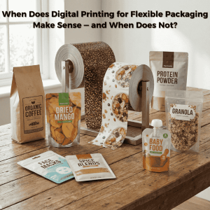 Digital printing for flexible packaging showing roll stock films and finished pouches for coffee, snacks, protein powder, and baby food.