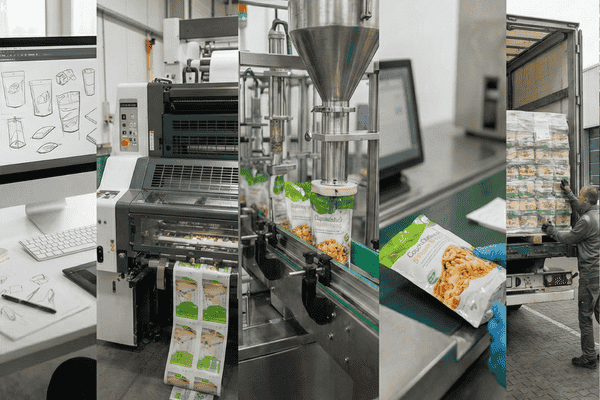 Flexible packaging workflow showing design, printing, filling, sealing, and finished products prepared for market distribution.