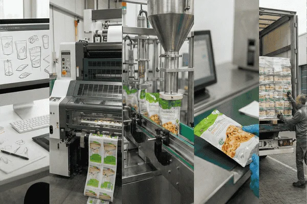 Flexible packaging workflow showing design, printing, filling, sealing, and finished products prepared for market distribution.