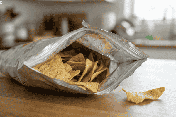 Open snack packaging pouch showing tortilla chips exposed to air, illustrating snack packaging failure caused by factors beyond oxygen and moisture barrier performance.