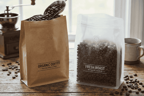 Coffee beans packaged in a paper stand up pouch and a mono-PE recyclable pouch, comparing material protection, freshness, and sustainability.