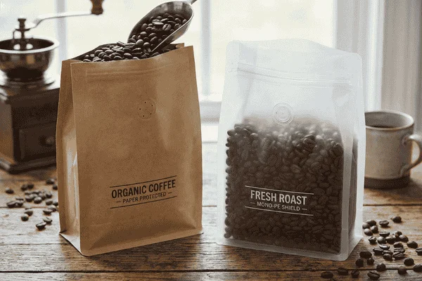 Coffee beans packaged in a paper stand up pouch and a mono-PE recyclable pouch, comparing material protection, freshness, and sustainability.