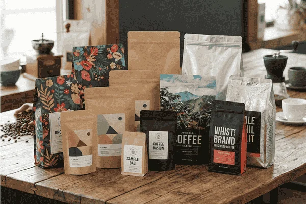 Various coffee packaging bags made from different materials and printing styles, designed for custom branding across specialty and retail coffee products.