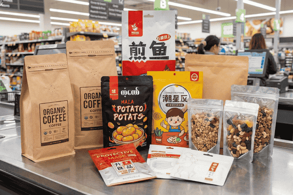 Flexible packaging products printed using different methods, including digital printing and gravure printing, showing variations in color, finish, and production scale.