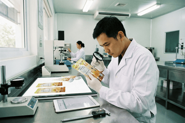 Quality control technician inspecting flexible packaging materials before shipment to ensure print accuracy and seal integrity.