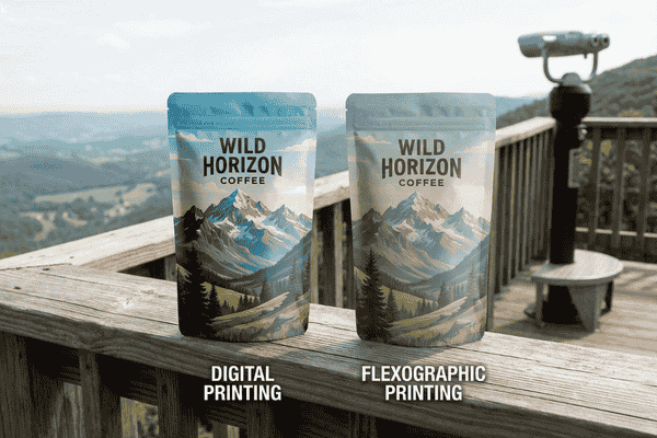 Comparison of digital printing and flexographic printing on coffee stand up pouches, showing slight color and detail differences using the same artwork.