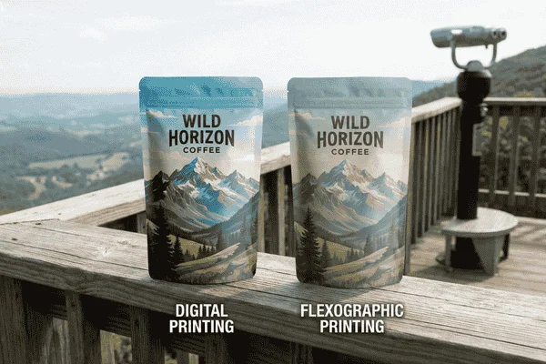 Comparison of digital printing and flexographic printing on coffee stand up pouches, showing slight color and detail differences using the same artwork.