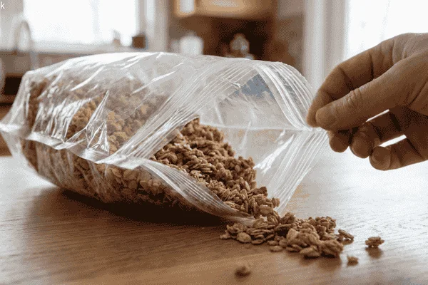 Stand up pouch with failed zipper seal spilling product, showing how improper seal design can cause packaging leakage and spoilage.