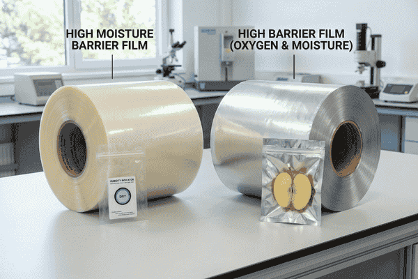 Comparison between high moisture barrier film and high barrier film for snack packaging, showing different material structures designed for moisture-sensitive and oxygen-sensitive snacks.