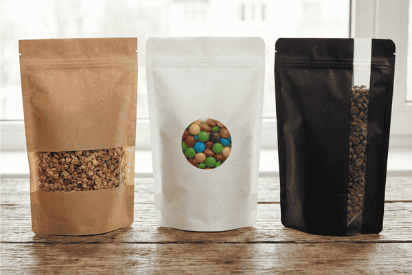 Three stand up pouches with horizontal, round, and vertical clear windows showing granola, candy, and coffee beans on wooden table.