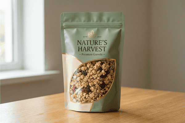 Stand up pouch with oval transparent window showing granola inside on wooden table near window.