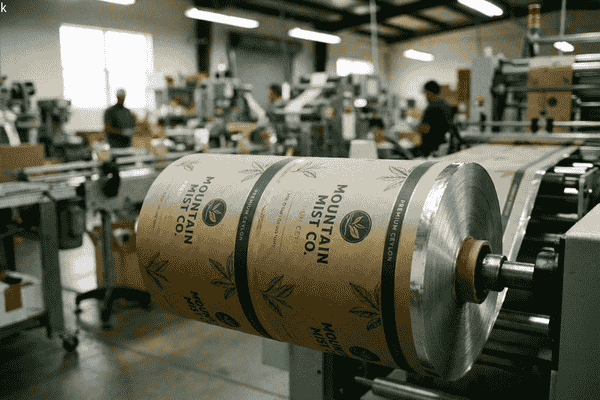 Metallized paper rollstock running on VFFS tea packaging machine in flexible packaging factory.