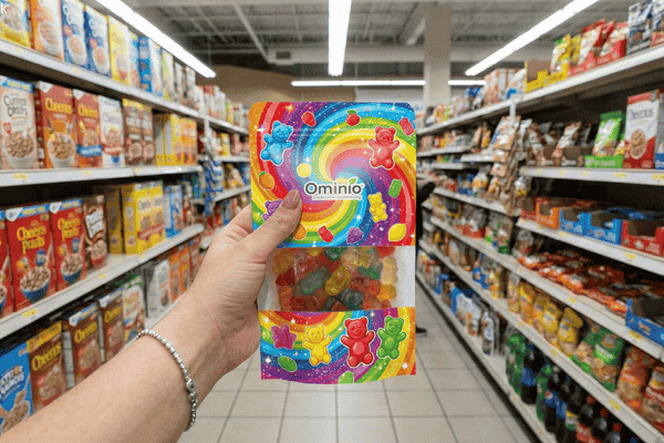 Hand holding colorful candy stand up pouch with clear window in supermarket aisle, showing gummies to build consumer trust.